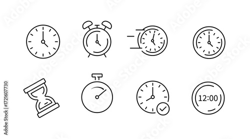 Time and clock outline icons set – linear, hourglass, stopwatch illustrations