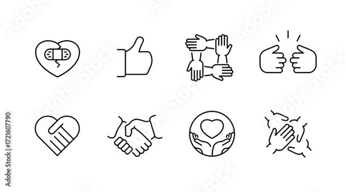 Healthcare and community icon set – outline, linear, medical and wellness symbols