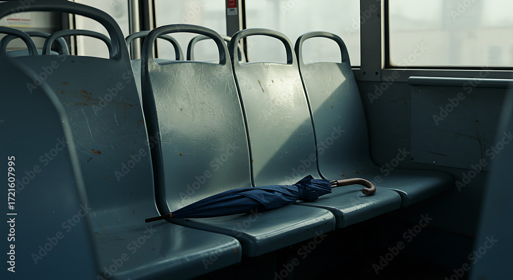 Fototapeta premium A public bus seat with a forgotten umbrella lying on it