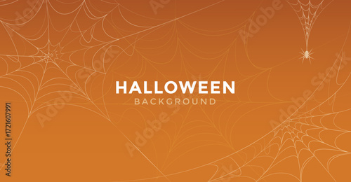 Halloween orange background decorated with spider webs and a hanging spider. Perfect for festive trick or treat flyers, spooky greeting cards, holiday party invites, seasonal clipart, and October desi