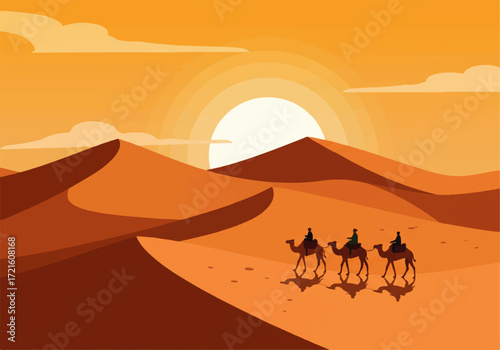 A flat vector illustration of a desert landscape with three camels carrying riders silhouetted against a setting sun and sand dunes.