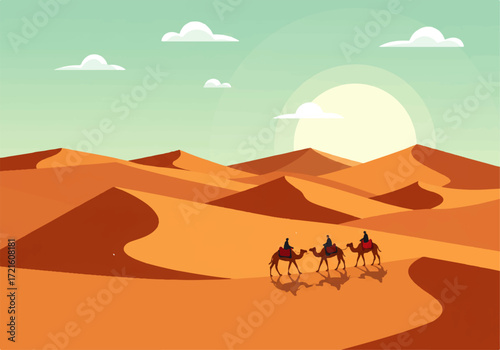 A stylized illustration depicts three camels carrying riders across a vast, undulating desert landscape under a bright sun and scattered clouds.