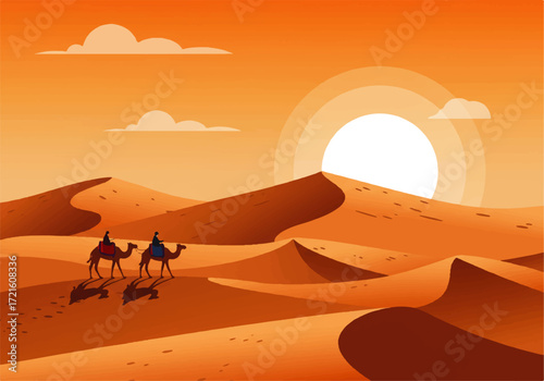 Two travelers on camels crossing a vast desert landscape with sand dunes under a bright, stylized sun and scattered clouds.