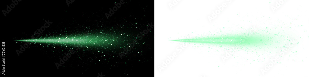 Fototapeta premium Green light burst overlay with sparkling particles on black and white backgrounds, creating a dynamic visual effect for creative design projects and digital artwork