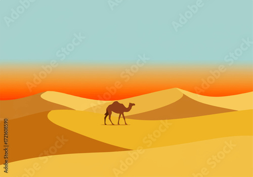 A lone camel walks across a vast, undulating desert landscape under a gradient sky of orange and blue.