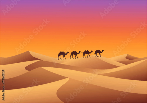 A minimalist illustration depicts a caravan of four camels silhouetted against a vibrant sunset sky traversing rolling sand dunes.
