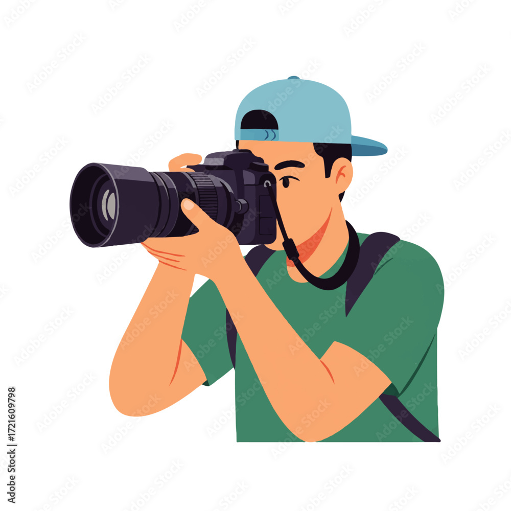 Fototapeta premium A young man wearing a cap and backpack is taking a picture with a professional DSLR camera, focusing intently on the subject.