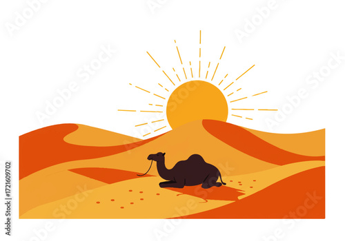 Silhouette of a camel resting in the desert under a bright, stylized sun with sand dunes.