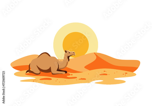 A camel rests on the sand dunes of a desert landscape, with a large sun setting in the background.