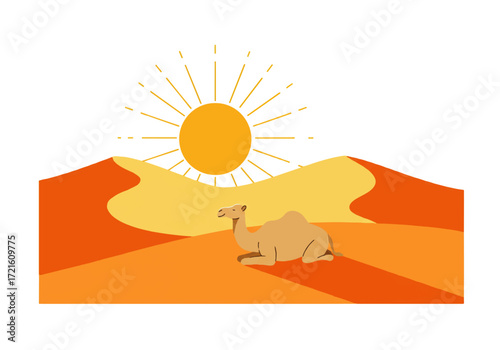 A camel rests in a desert landscape with sand dunes under a bright, stylized sun.