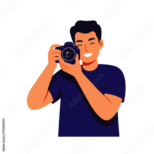 Smiling man holding a camera, looking through the viewfinder, ready to take a photograph.