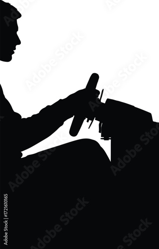 Pilot navigating airplane cockpit controlling aircraft in flight simulator monochrome silhouette graphic design
