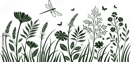 Floral meadow silhouette with wildflowers, dragonflies, and butterflies. Nature-inspired botanical vector art perfect for prints, textiles, and wall decor. Elegant black and white design.