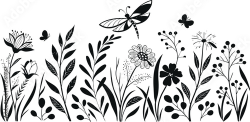 Floral silhouette with wildflowers, leaves, dragonfly, and butterflies in black vector design. Decorative nature border for print, craft, and digital artwork. Elegant botanical illustration.