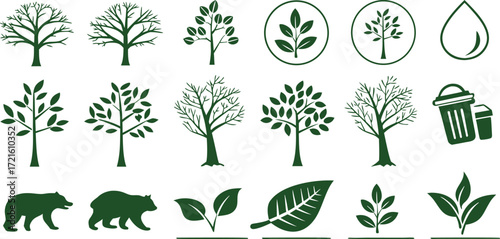 : Eco nature icons collection with green tree silhouettes, leaf elements, recycle symbols, wildlife animals, and organic plant designs perfect for sustainability projects.