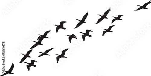 Flying bird flock silhouette in diagonal formation on white background. Perfect minimal wildlife design for migration, freedom, and sky themes. Ideal for logo, pattern, or nature projects.