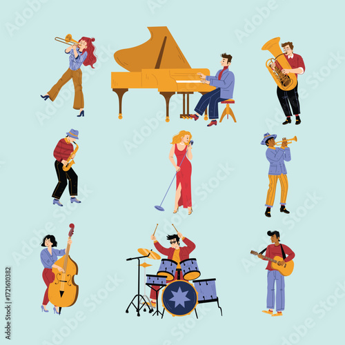 Jazz band vibe, artists performing music on stage Vector