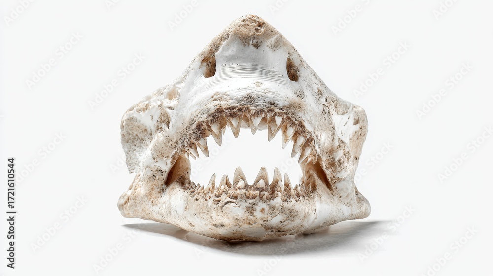 Obraz premium Close up view of a shark jawbone, off white in color, set against a bright white background. The detail of the teeth is visible.