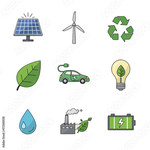 Green Energy Icons - Solar, Wind, Recycling, Electric Car, and More.