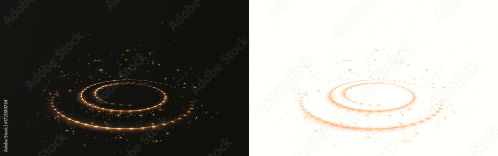 Obraz premium Abstract glowing circular light overlay with sparkling particles on dark and light backgrounds, creating a mystical atmosphere for creative design projects and digital art