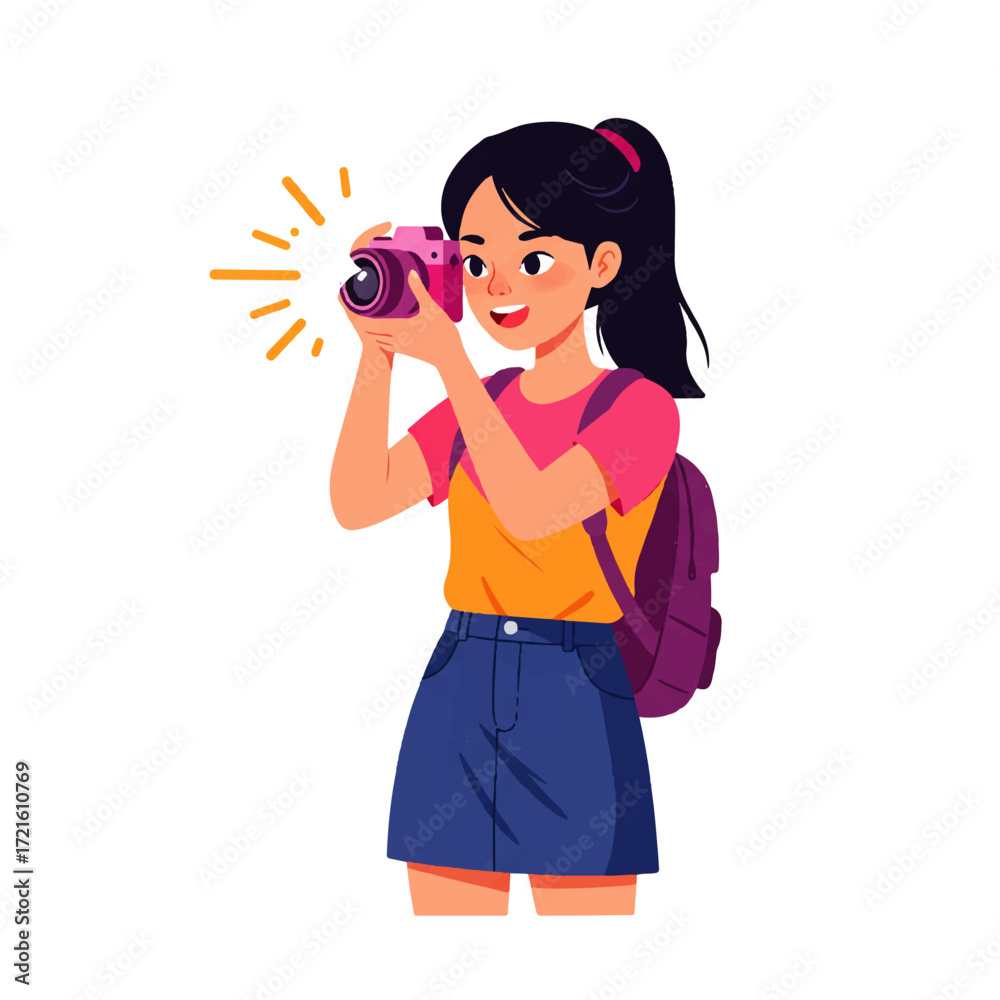 Obraz premium Young woman with backpack taking a photo with a pink camera, smiling and looking at the lens.