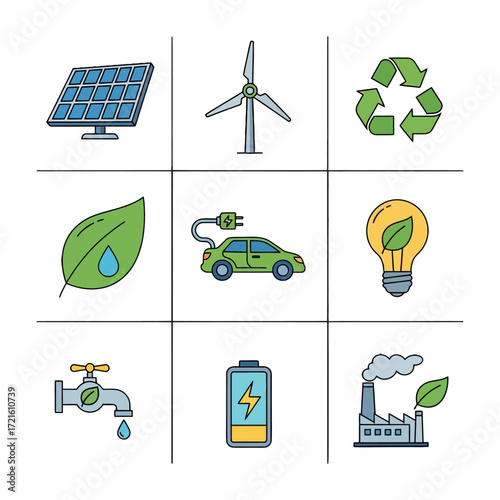 Eco friendly energy and environmental conservation icons set.