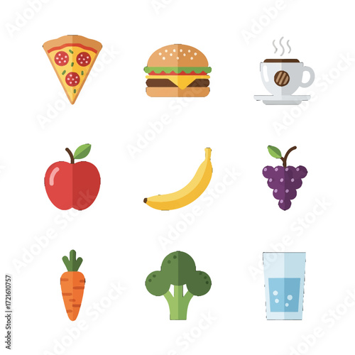 Assortment of Healthy and Unhealthy Food Icons on White Background.