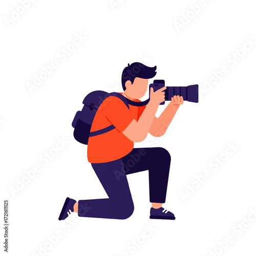 A faceless man kneels, holding a professional camera with a large lens, wearing a backpack, ready to take a photograph.