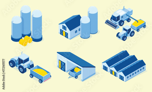 Isometric storehouse and agricultural machinery vector