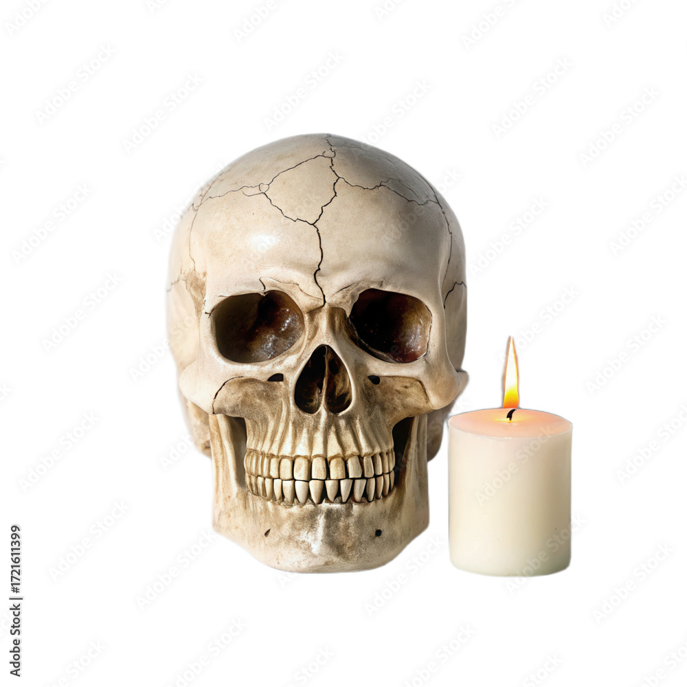 Obraz premium Detailed skull with cracks sits beside lit candle, creating striking contrast against transparent background
