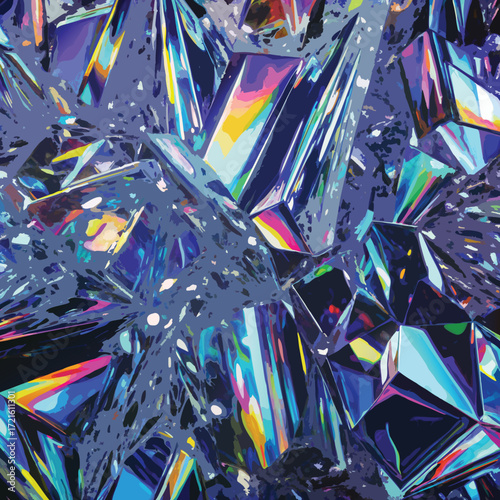Chaotic Cluster of Iridescent Geometric Crystals with Textured Background abstract jewel