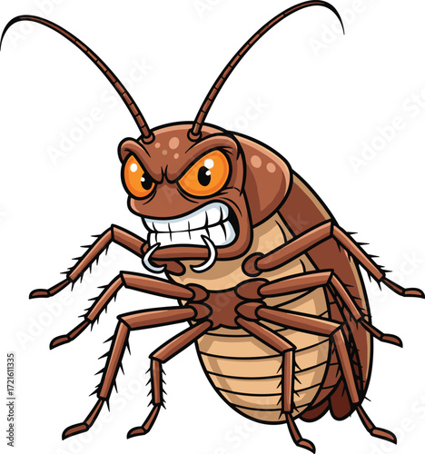 Cartoon cockroach with angry face, sharp teeth, long antennae, brown insect character, vector illustration for pest control, horror, or funny design themes