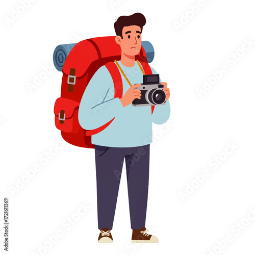 A young man with a large red backpack holds a vintage camera, looking slightly concerned or unsure.