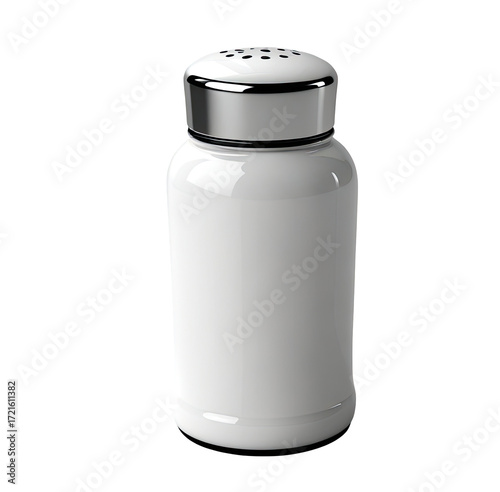 White ceramic salt shaker, metallic lid, studio shot, blank label, food packaging