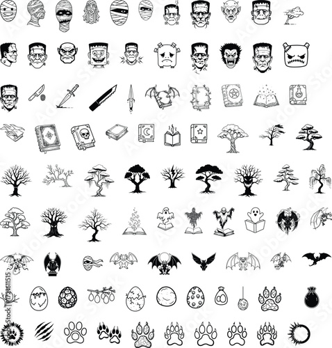 Spooky Halloween Set – Horror Faces, Weapons, Magic Books, Haunted Trees, Bats, and Symbols