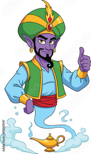 Cartoon genie emerging from magic lamp, giving thumbs up, wearing green turban and blue outfit, fantasy character, vector illustration for kids