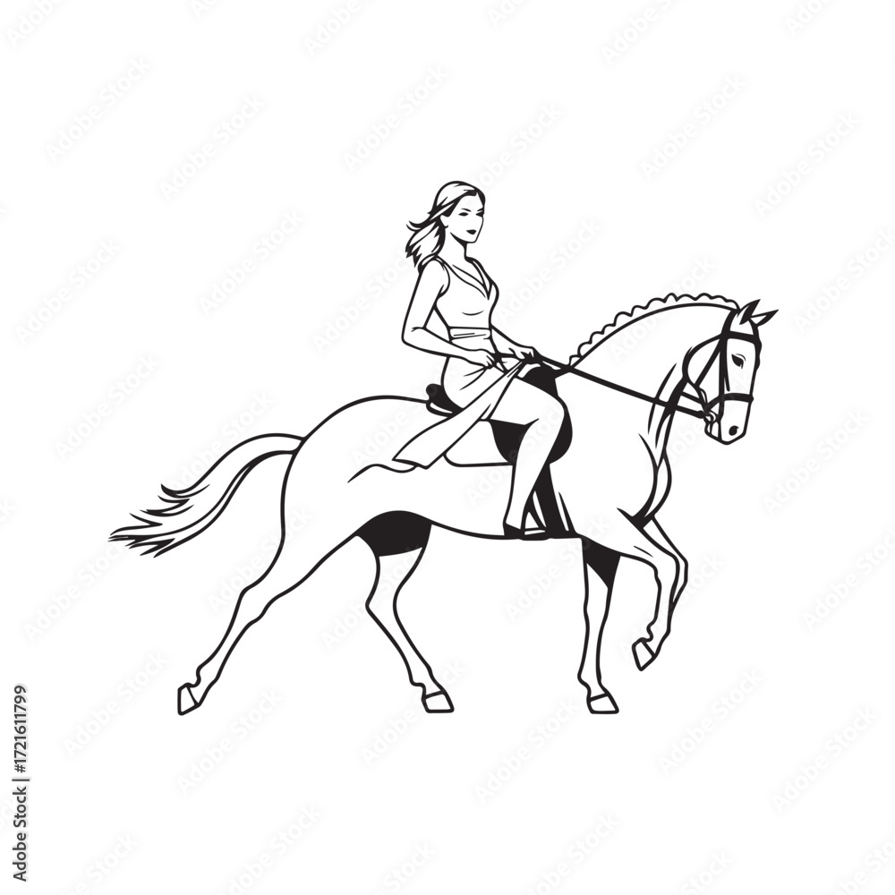 Obraz premium Black and white line art of a beautiful woman with perfect body riding horse elegant minimalist illustration