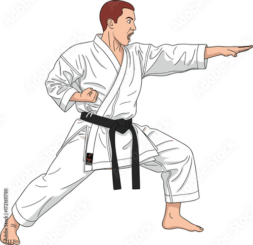 Cartoon man in karate stance, wearing white gi and black belt, practicing martial arts, focused fighter, vector illustration for sports and fitnessCartoon man in karate stance, wearing white and 
