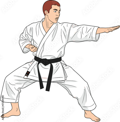 Cartoon man in karate fighting stance, wearing white gi and black belt, practicing martial arts, focused expression, vector illustration for sports