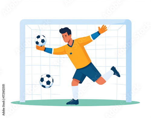 Goalkeeper making a diving save, athletic soccer player in action, defending the goal.