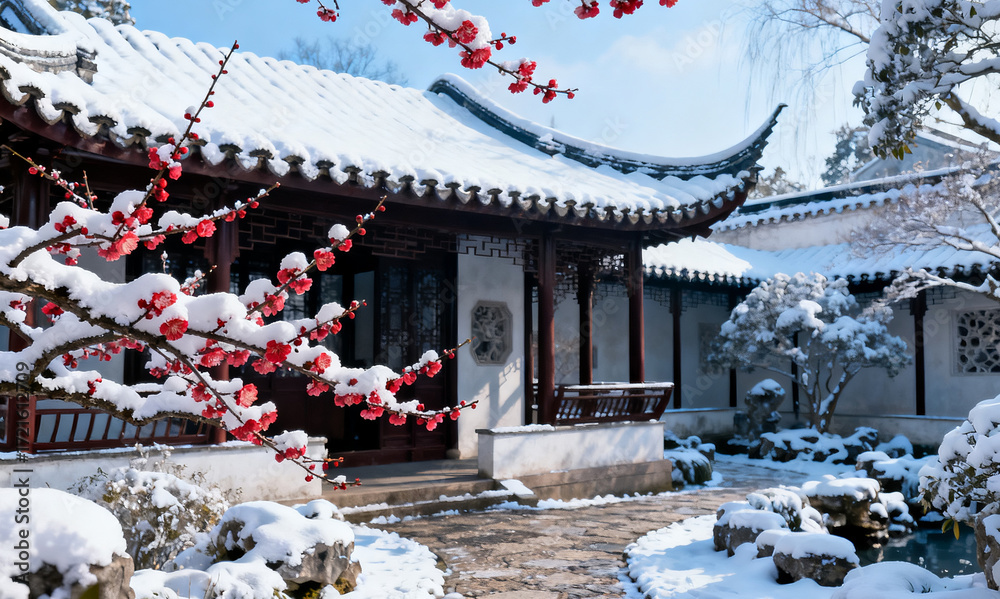 Obraz premium Snow-covered traditional Chinese garden with blooming plum blossoms and classical architecture