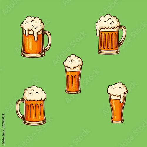 Collection of beer mugs and pint glasses with foam on transparent background. Perfect for Oktoberfest, pub design, party invitations, bar menus, stickers, posters, and digital projects.