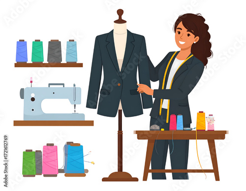 A smiling female tailor measures a jacket on a mannequin, surrounded by sewing supplies.