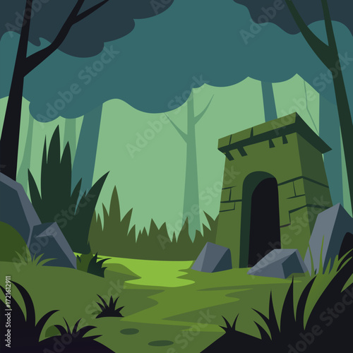 A forgotten rustic overgrown spooky and old abandoned vector landscape background.