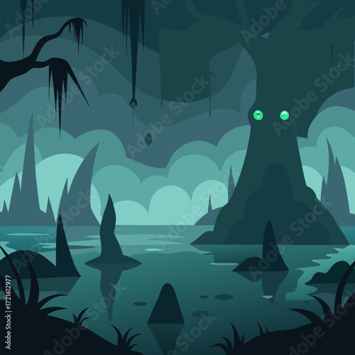 Spooky mysterious eerie dense and dark foggy swamp cartoon vector landscape background.