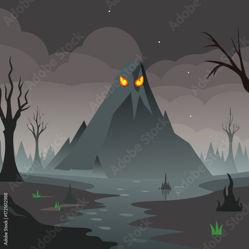 Mysterious eerie dense and dark foggy swamp with ash color mountain cartoon vector landscape background.
