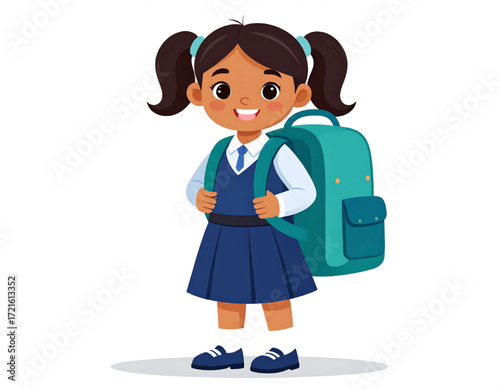 Smiling young girl in school uniform with backpack, ready for school.