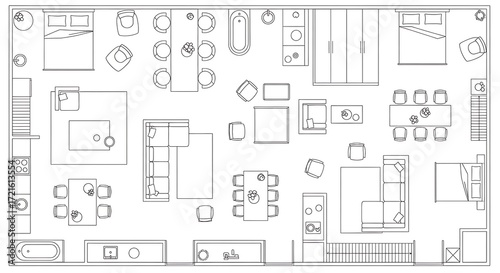 Architectural blueprint of a house floor plan with furniture layout and room divisions