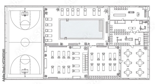 Floor plan of a recreational facility with swimming pool and basketball court