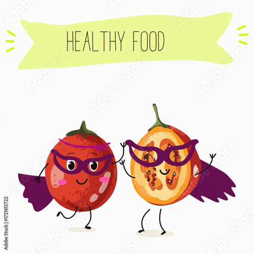 tamarillo or Solanum betaceum funny characters, hand drawn vector illustration.